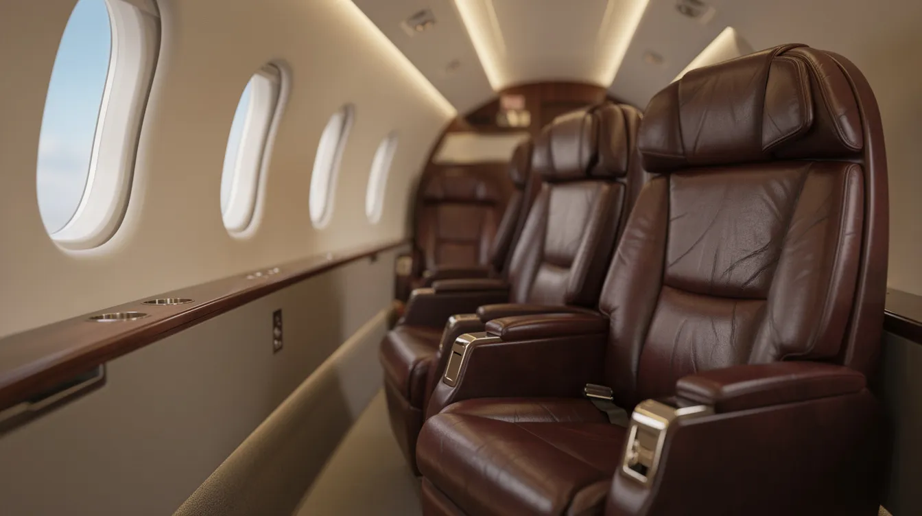 The image features a luxurious small aircraft cabin with plush leather seats, softly illuminated by ambient lighting, creating an inviting atmosphere for JSX passengers. The design emphasizes comfort and style, contrasting with standard economy seats found in commercial airliners.