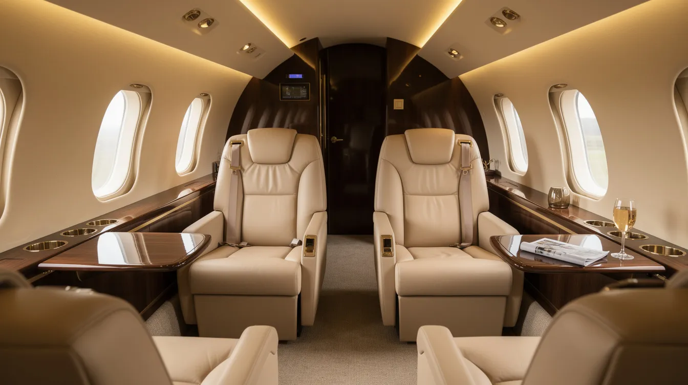 The image depicts the elegant interior of a small private jet, featuring cream leather club seats, warm LED lighting, and polished wood accents, creating a luxurious atmosphere for passengers. This sophisticated design reflects the high standards of private aviation, offering comfort and style for an exceptional travel experience.