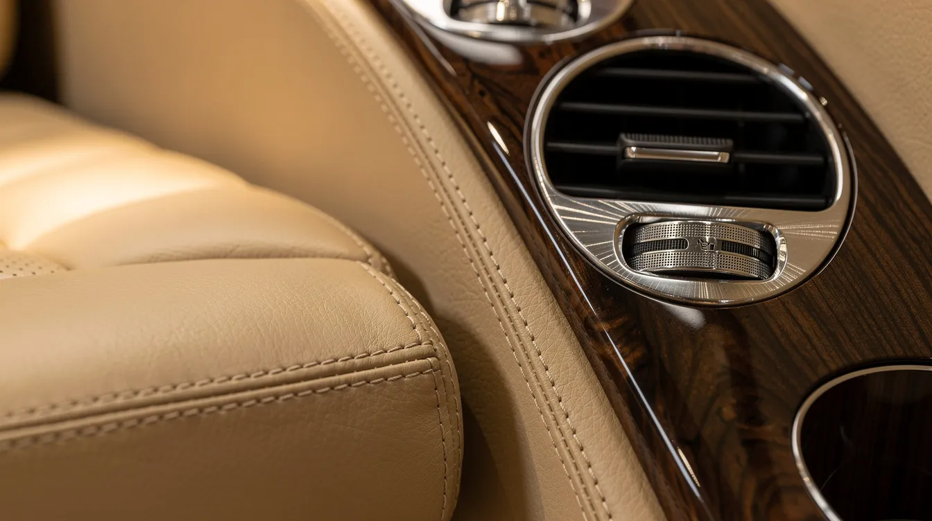 This close-up image showcases the luxurious details of private jet interiors, featuring exquisite leather stitching, polished wood veneer, and sleek brushed metal fixtures that reflect the elegance and craftsmanship typical of high-end private aviation. The combination of these materials creates a tranquil and stylish environment for passengers, elevating their flight experience.