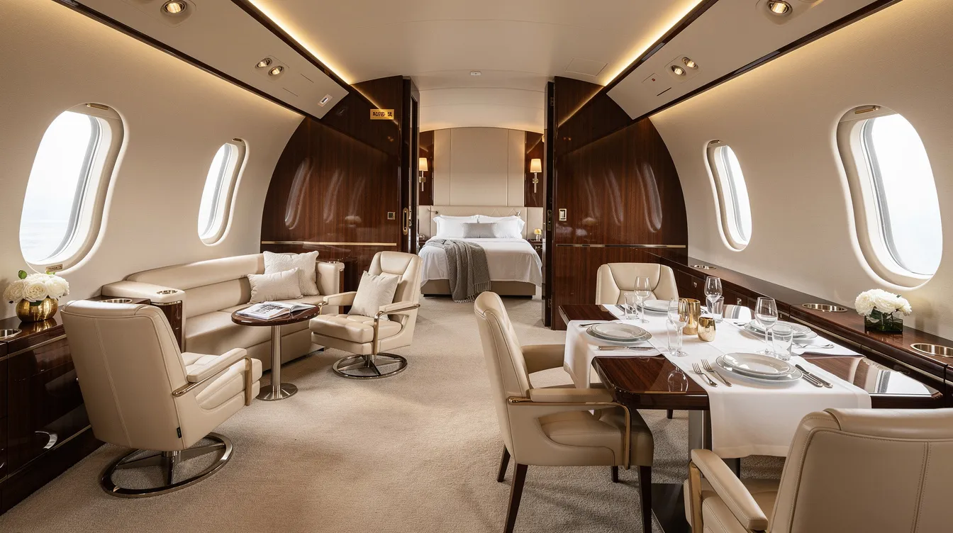 The image depicts a spacious large-cabin private jet interior, featuring a stylish dining area with a conference table, comfortable lounge seating, and a private bedroom located in the aft section, all designed to reflect luxury and comfort for passengers in private aviation. The elegant design elements and tranquil atmosphere create a perfect setting for both leisure and business travel.
