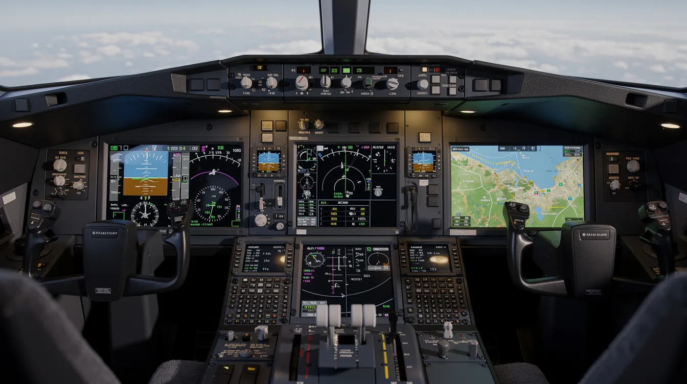 The image depicts a modern glass cockpit of a Cirrus Vision Jet, featuring multiple large digital flight displays that provide information on terrain, maps, and flight instruments, enhancing situational awareness for the pilot. The sleek design emphasizes advanced avionics and user-friendly interfaces, characteristic of personal aviation in jet aircraft.