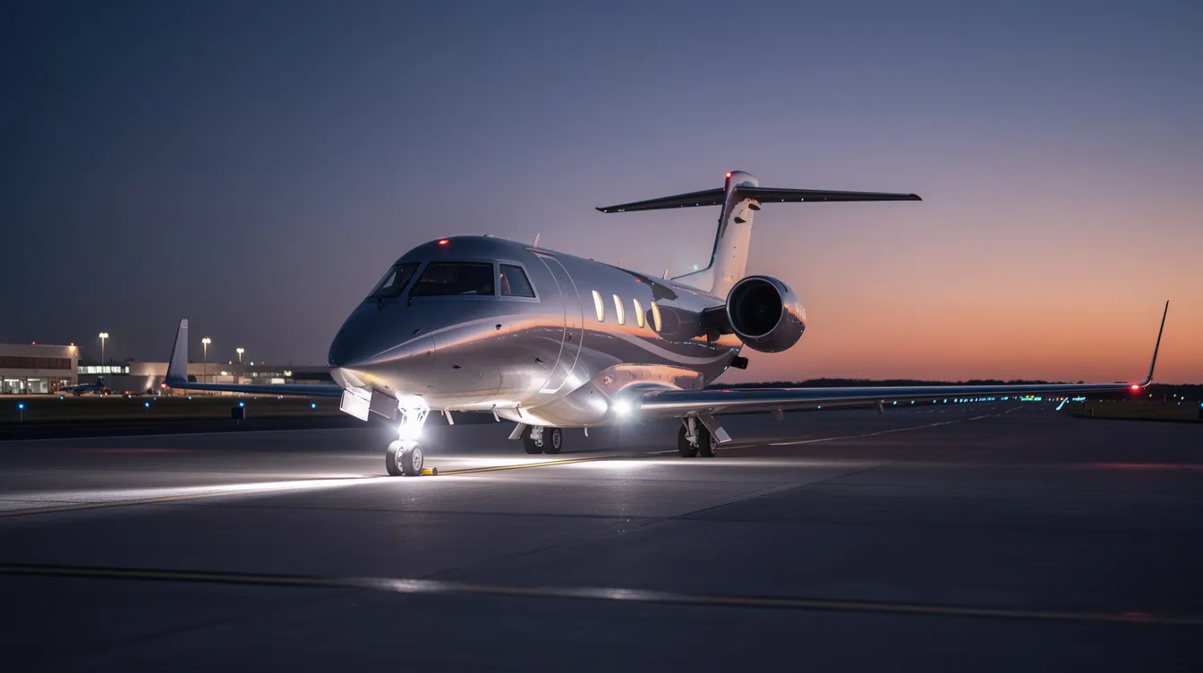 A sleek Cirrus vision jet is parked on a runway at twilight, with bright exterior lights illuminating the area, showcasing its elegant design. The aircraft's signature Cirrus halo light adds a touch of sophistication to the scene, highlighting its role in personal aviation.