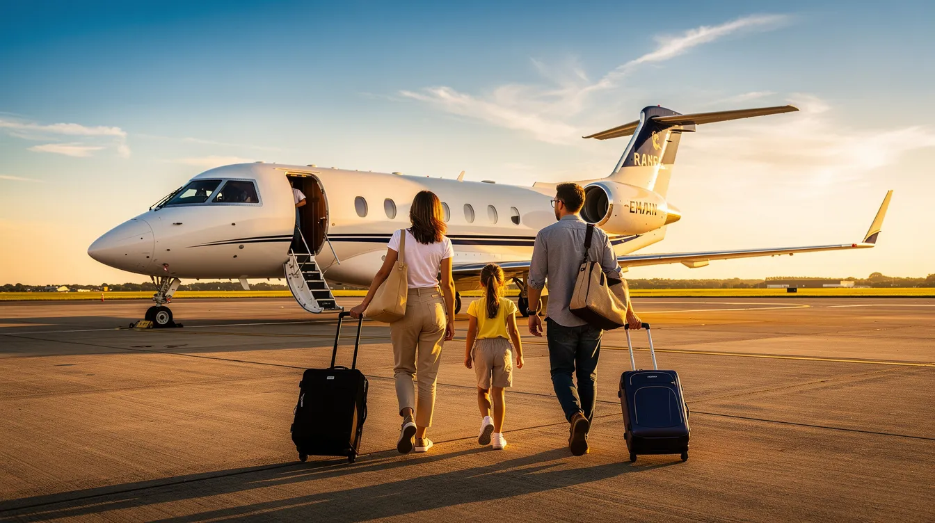 A family is walking towards a small white Cirrus Vision Jet parked on a sunlit tarmac, carrying travel bags and preparing for their journey in personal aviation. The scene captures the excitement of flying in a jet aircraft designed for comfort and efficiency, with spacious cabin features for up to seven passengers.