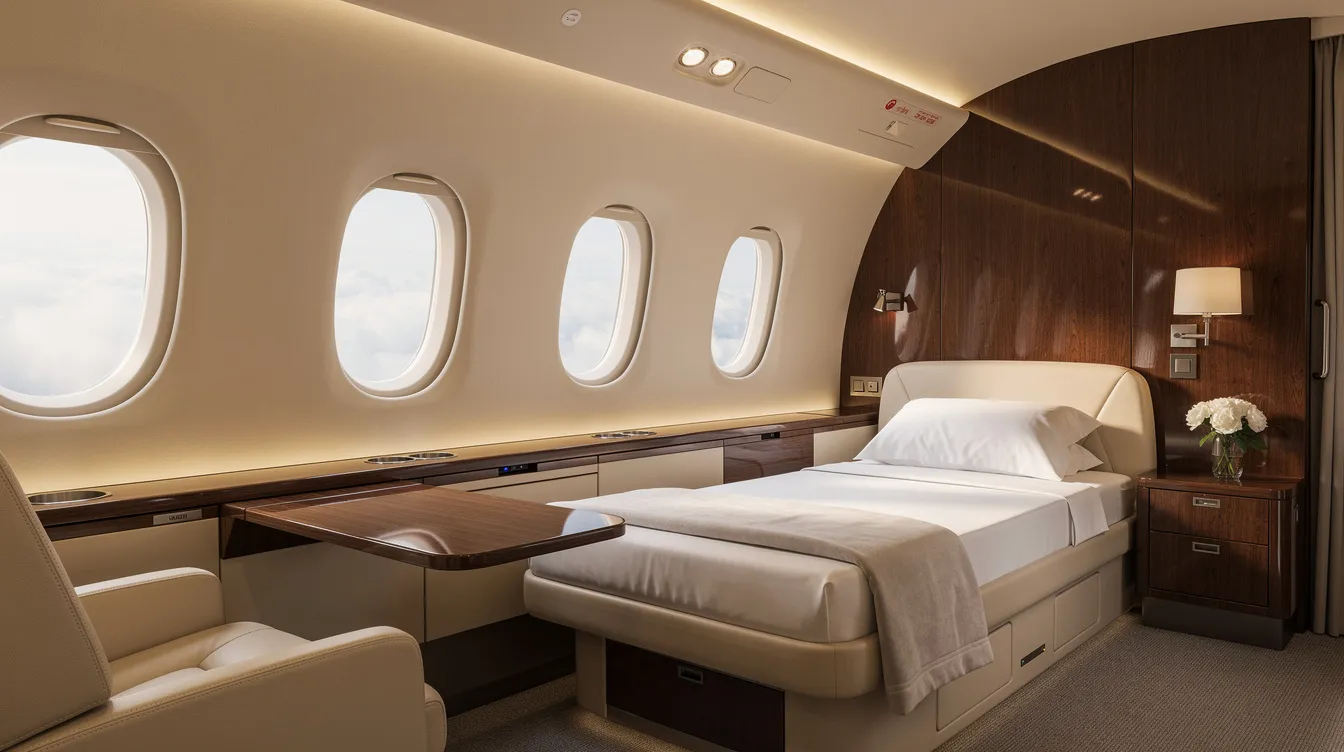 The image depicts the interior of a luxurious airplane cabin featuring soft ambient lighting, a flat bed with crisp white linens, and elegant wood-grain finishes, designed to provide first class passengers with a private and comfortable experience. This exclusive cabin offers spacious business class suites that emphasize personal space and long haul comfort.