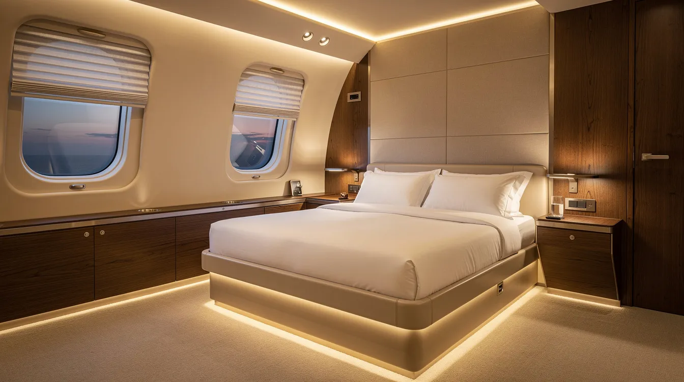 The image depicts a spacious aircraft cabin featuring a luxurious double bed, ambient mood lighting, and warm wood paneling, designed for first class passengers seeking a private experience. This exclusive cabin offers enhanced personal space with high walls and a comfortable layout that resembles a private room in the sky.