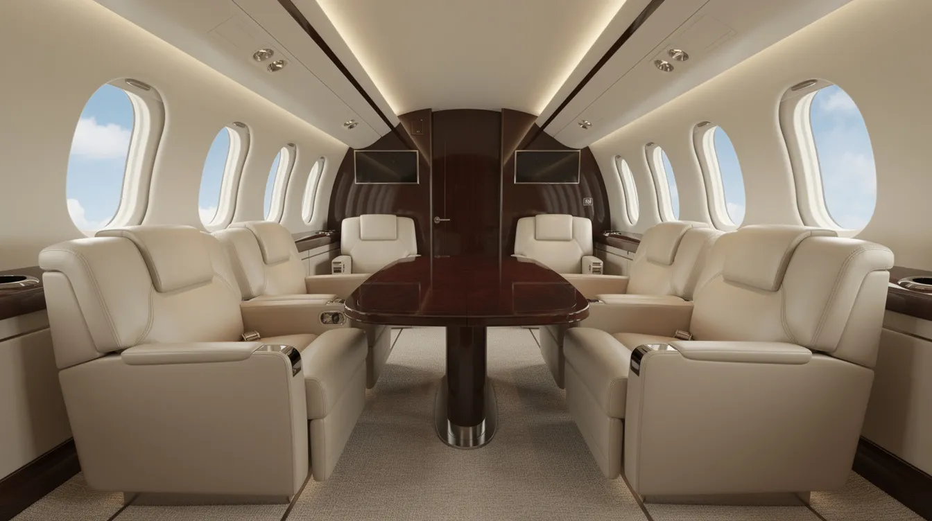 The image depicts the luxurious interior of a private jet cabin featuring cream leather club seating, a polished wood table, and large oval windows that offer a view of the sky. This exclusive space is designed for first class passengers, providing a comfortable and private experience with ample personal space.
