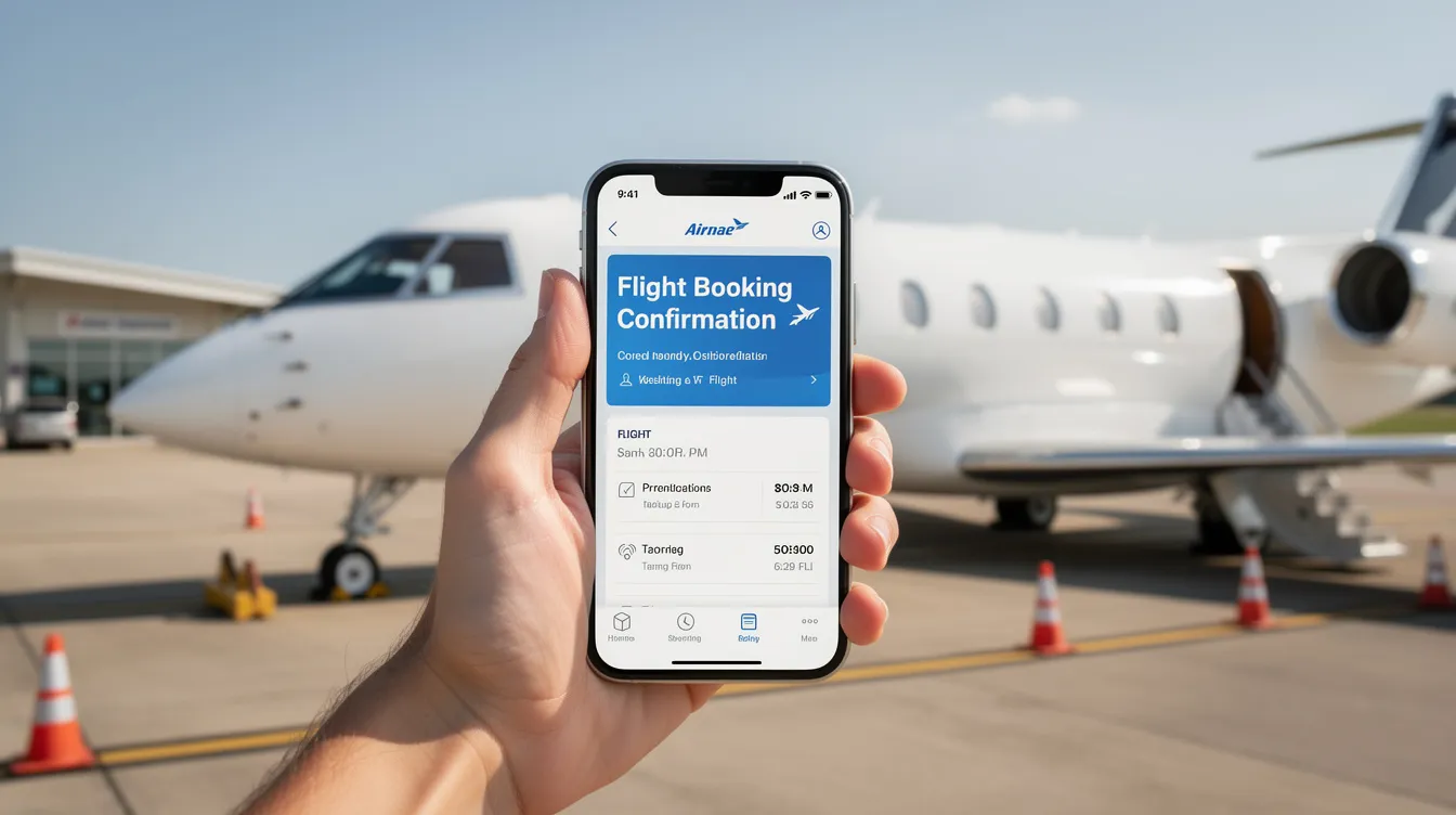 A person stands beside a private jet at a small airport, holding a smartphone that displays a flight booking confirmation. The jet, designed for corporate travel, showcases sleek lines and advanced features, emphasizing passenger comfort and fuel efficiency.