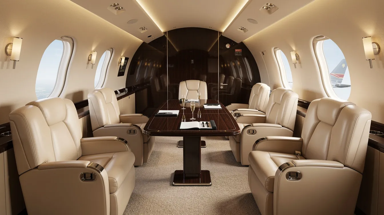 The image depicts a luxurious private jet cabin interior featuring cream leather club seats arranged to face each other, complemented by a small conference table in the center. This elegant design enhances passenger comfort and creates a sophisticated atmosphere for meetings or relaxation during flights.