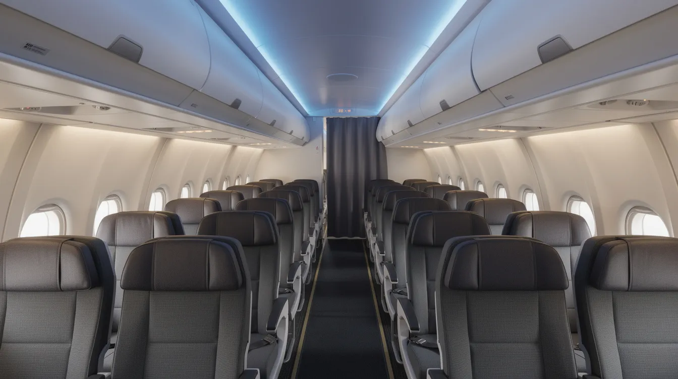 The image depicts the interior of a Boeing 737 800 passenger cabin, featuring rows of economy seats illuminated by blue LED overhead lighting, complemented by larger overhead storage bins for enhanced cabin space. The modern design focuses on passenger comfort and efficient use of space, creating a welcoming environment for travelers.