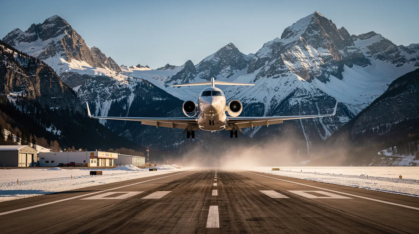 A business jet is landing at an alpine airport, with stunning snow-covered mountains in the background, highlighting the contrast between the sleek aircraft and the rugged terrain. The scene captures the essence of aviation, showcasing the use of jet fuel in turbine engines as it approaches the runway amidst the serene winter landscape.