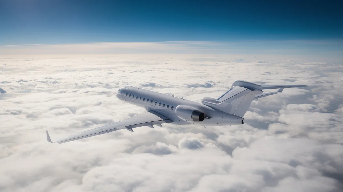 A sleek business jet is soaring at high altitude above a dense layer of clouds, set against a backdrop of a clear blue sky. The aircraft, powered by jet fuel, exemplifies the performance capabilities of turbine engines in the aviation industry.