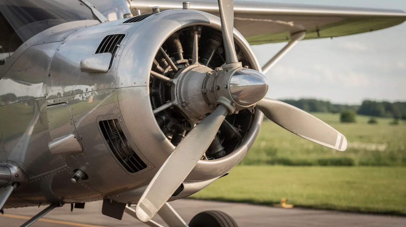 A close-up view of a small propeller aircraft engine is showcased on an airfield, with a lush green landscape in the background. The image highlights the intricate components of the aircraft engine, which is designed to use aviation fuel such as jet A or diesel fuel for optimal performance.