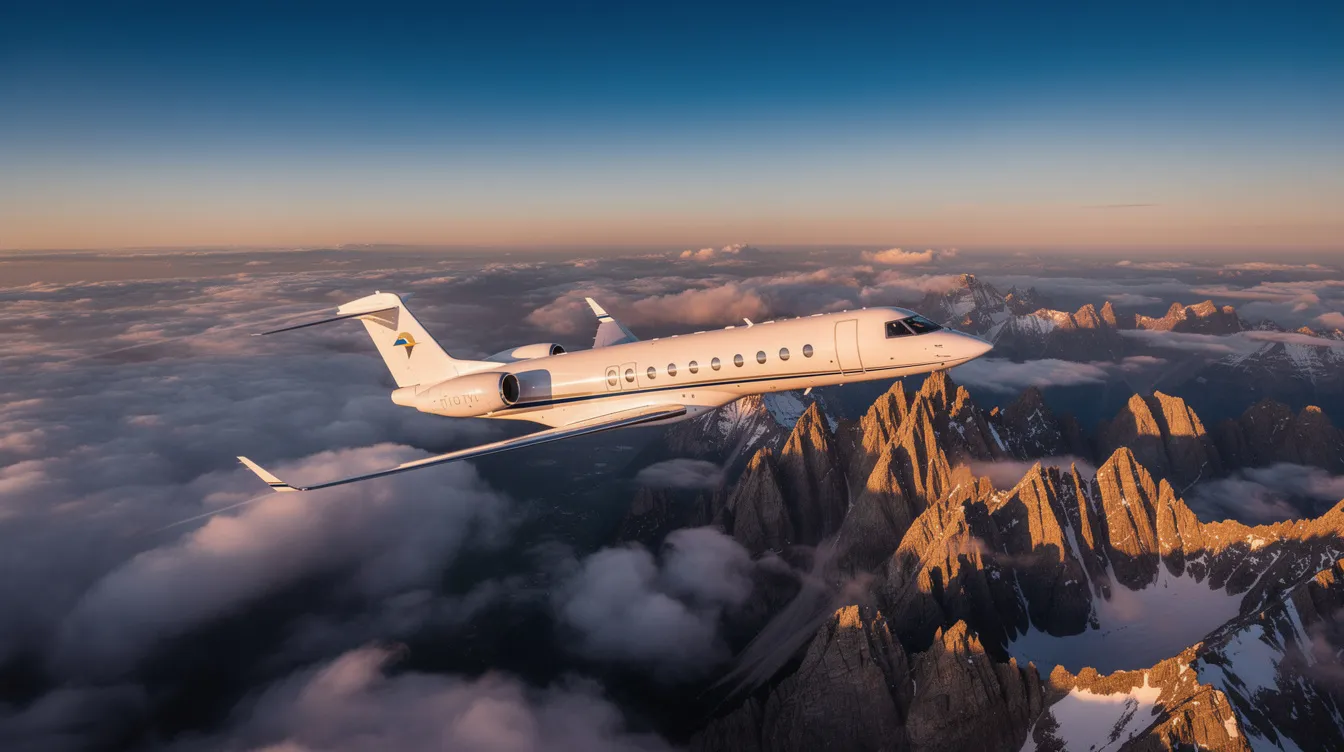 A private jet is soaring above a thick layer of clouds, with stunning snow-capped mountain peaks visible below, showcasing the beauty of high-altitude flight in the aviation industry. The aircraft, powered by turbine engines and utilizing jet fuel, exemplifies the efficiency and performance of modern turbine powered aircraft.
