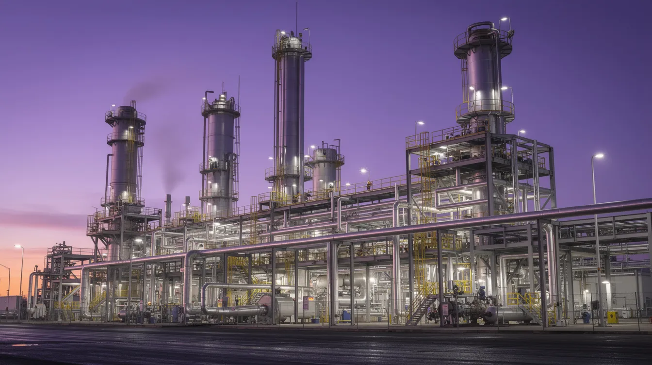 The image depicts an industrial oil refinery at twilight, featuring tall distillation towers and extensive piping silhouetted against a vibrant purple sky. This scene highlights the complex infrastructure involved in producing various fuels, including jet fuel and kerosene-based aviation fuels, essential for turbine powered aircraft and commercial aviation.