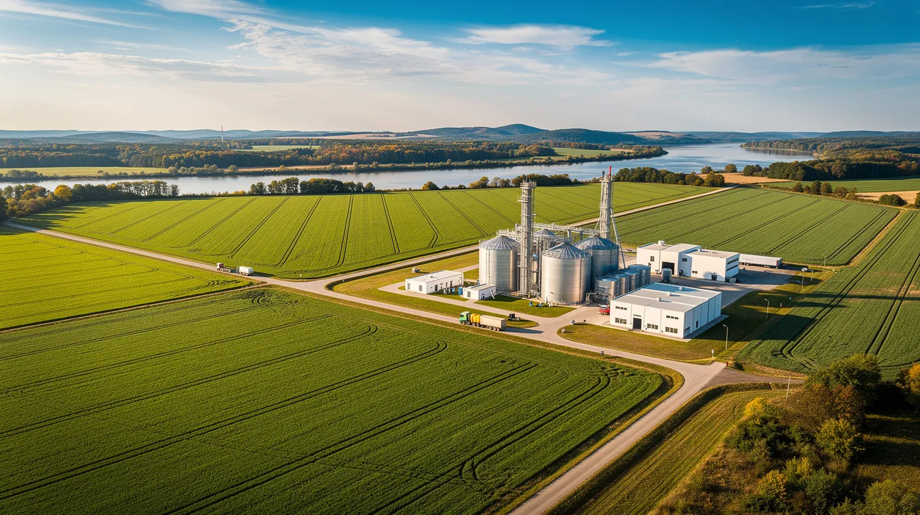 An aerial view captures vibrant green agricultural fields alongside a modern biofuel processing facility, nestled within a natural landscape. This scene highlights the intersection of sustainable energy production and agriculture, essential for the aviation industry’s shift towards cleaner fuels like biofuels and synthetic fuels.