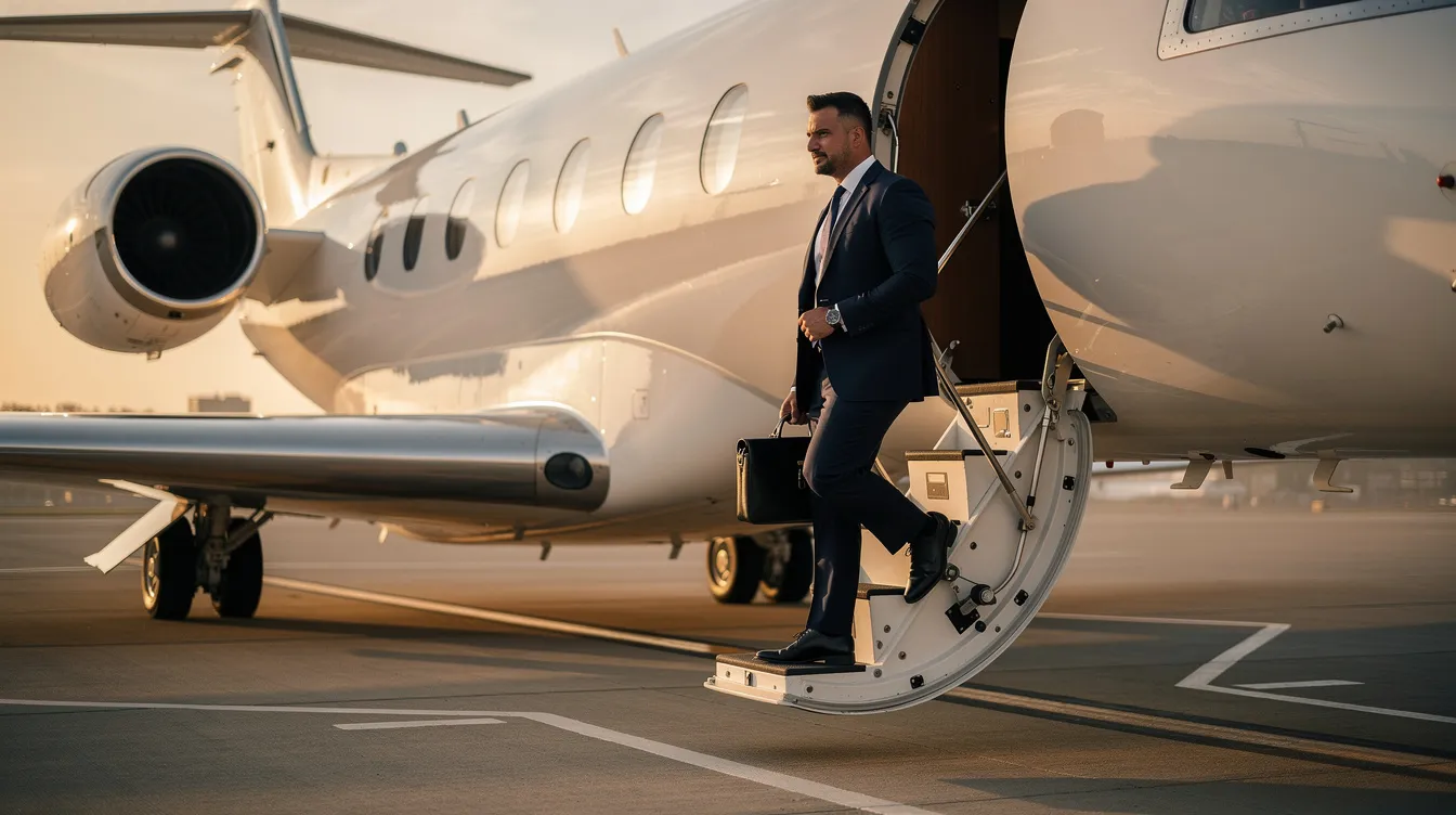 An executive in a dark suit is boarding a sleek private jet on a well-maintained tarmac, symbolizing the luxury and efficiency of the business jet market. This image reflects the growing demand for corporate jets among high net worth individuals and highlights the aviation industry's focus on fuel efficiency and modern fleet operations.