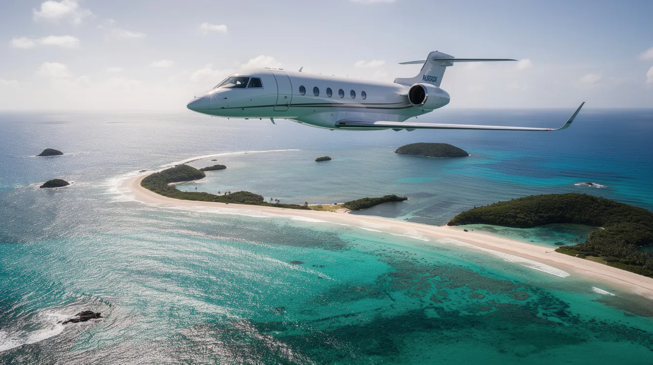 An aerial view captures a sleek private jet soaring over a stunning turquoise coastline dotted with islands, showcasing the allure of the business jet market. This image reflects the luxurious experience of flying in corporate jets, appealing to high net worth individuals seeking efficient travel options in the aviation industry.