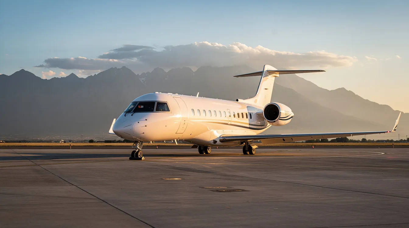 A modern white business jet is parked on a sunlit tarmac, with majestic mountains in the background, showcasing the elegance of corporate jets in the business jet market. This image highlights the allure of private jets, appealing to high net worth individuals seeking luxury travel options.