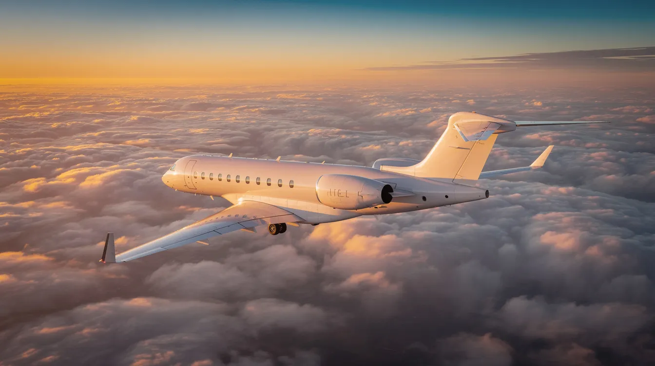A sleek private jet soars above fluffy clouds at sunset, its fuselage shimmering with golden light. This image captures the luxury of business jets, reflecting the high net worth individuals and the strong demand in the business jet market.