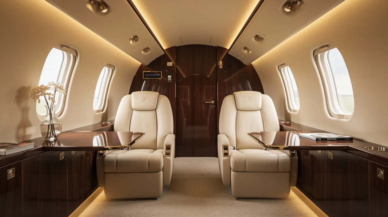 The image depicts the luxurious interior of a private jet cabin featuring plush leather seats, elegant wood finishes, and soft ambient lighting, showcasing the opulence typical of high-end business jets. This design reflects the growing demand in the business jet market, appealing to high net worth individuals seeking comfort and style during their travels.