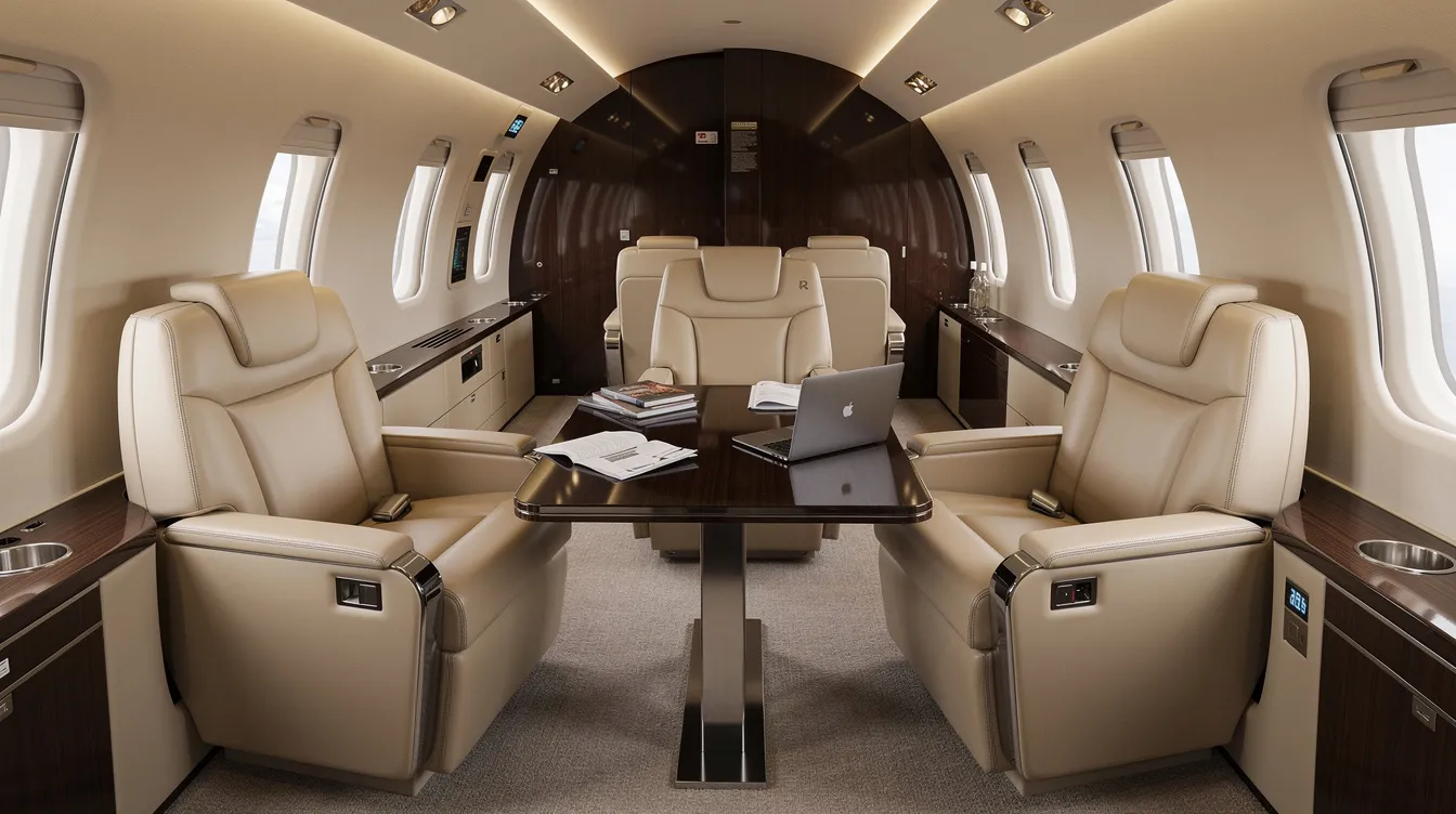 The image depicts the interior of a mid-size private jet cabin, featuring plush leather seats arranged around a central work table, designed for comfort and productivity during flight. This business jet offers spacious cabin space, making it an effective air travel tool for passengers seeking convenience and luxury.