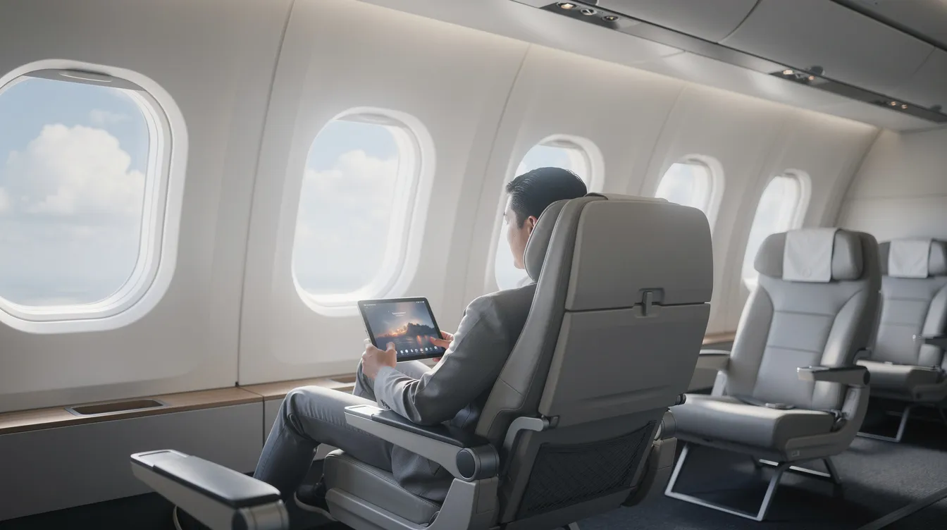 A person is seated in a modern aircraft cabin, using a tablet device while enjoying the view through large windows. The sleek interior of the private jet highlights the spacious cabin designed for comfort and effective air travel.