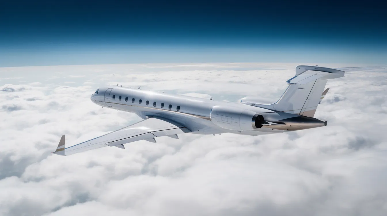 A large business jet is soaring above a thick layer of white clouds at high altitude, showcasing the elegance and efficiency of private aircraft in commercial aviation. This scene highlights the effective air travel tool that business jets represent, providing comfort and speed for passengers.