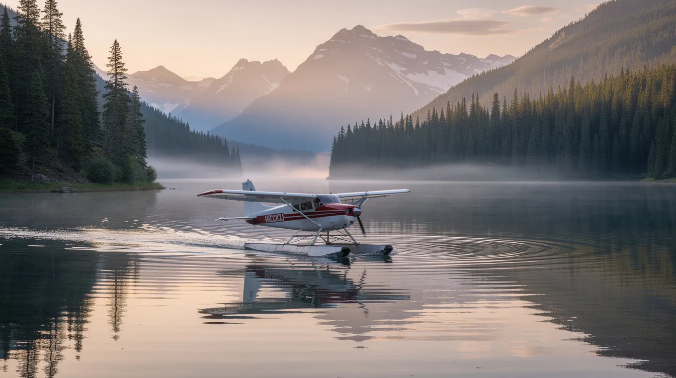 A seaplane gracefully lands on a serene mountain lake, surrounded by lush evergreen forests, creating a picturesque scene perfect for those looking to explore breathtaking air tours. This tranquil setting highlights the beauty of private aviation experiences, inviting travelers to enjoy nature from a unique perspective.