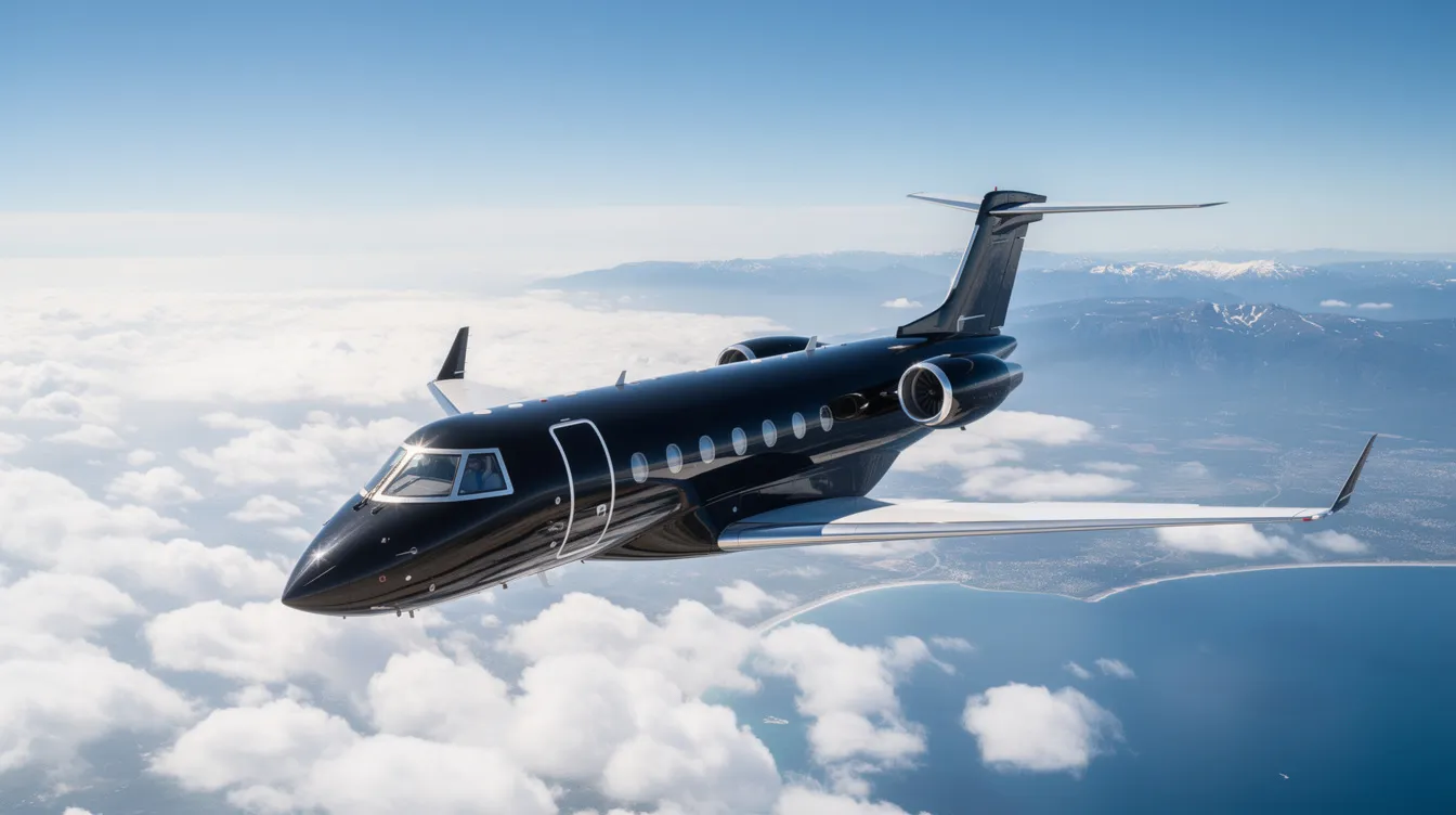 A sleek black private jet is soaring through a clear blue sky, with the sun shining brightly in the background, offering a breathtaking view perfect for exploring private aviation. This image captures the essence of luxury flying, making it a cool idea for those considering air tours or private flights.