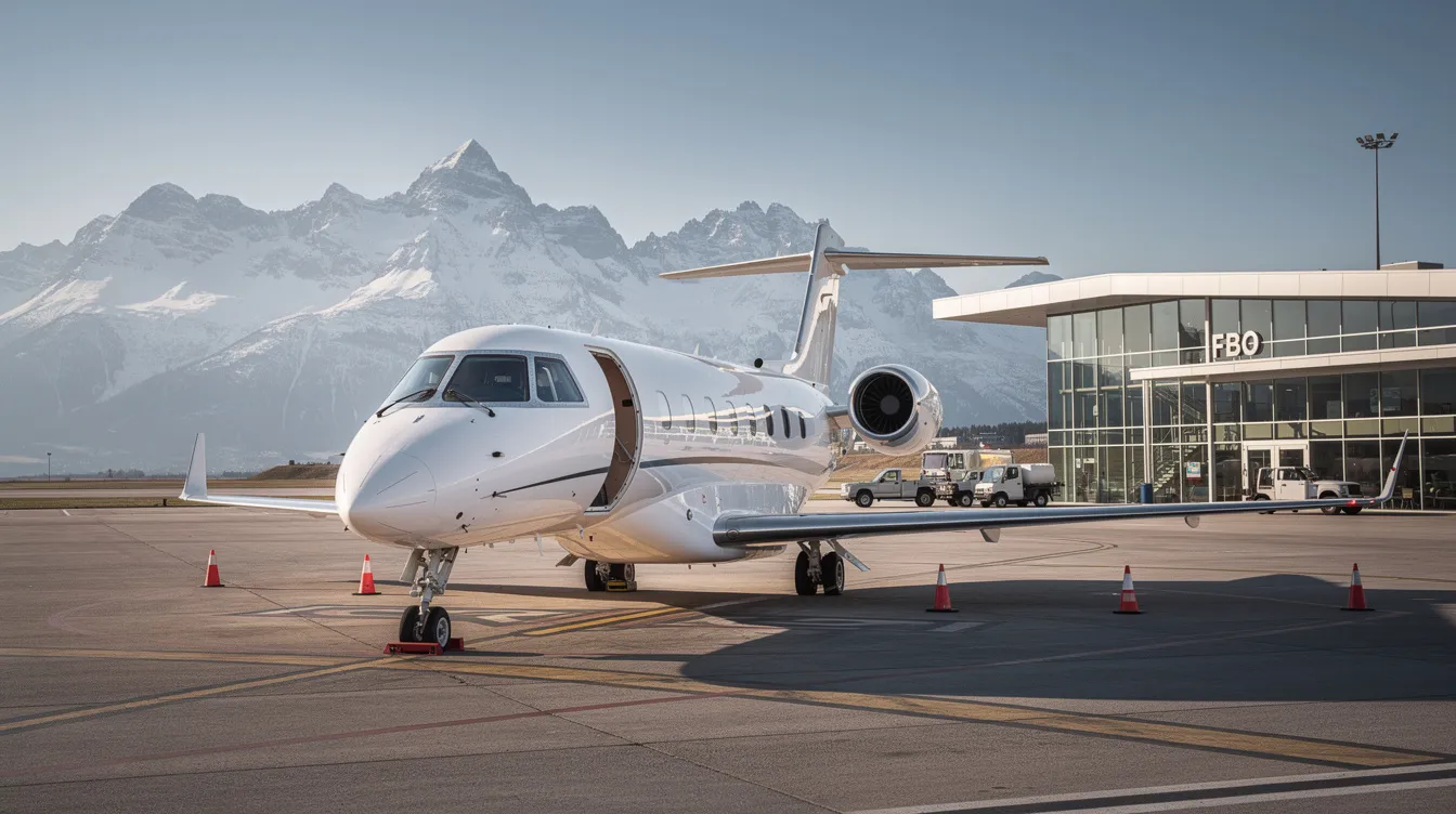 A sleek private jet is parked on the tarmac next to a modern Fixed Base Operator (FBO) terminal, with majestic mountains rising in the background. This scene highlights the elegance of business aviation, showcasing a long range private jet designed for ultra long haul flights and capable of flying nonstop across vast distances.