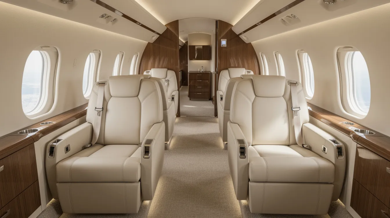 The image depicts the interior of a spacious ultra-long-range private jet cabin, featuring cream leather seating and elegant natural wood finishes, designed for maximum comfort during long-haul flights. This luxurious space exemplifies the cabin experience of the longest range private jets, accommodating passengers for intercontinental travel without the need for refueling stops.