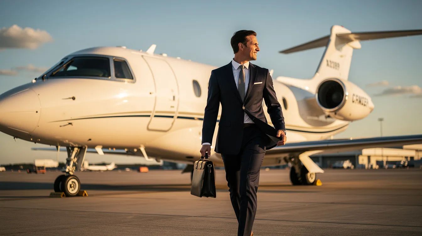 A business professional in a tailored suit is walking toward a small private jet on a sunlit tarmac, showcasing the sleek design of the light jet, ideal for business aviation. The scene highlights the appeal of compact light jets, perfect for owners seeking reliable and efficient travel options.
