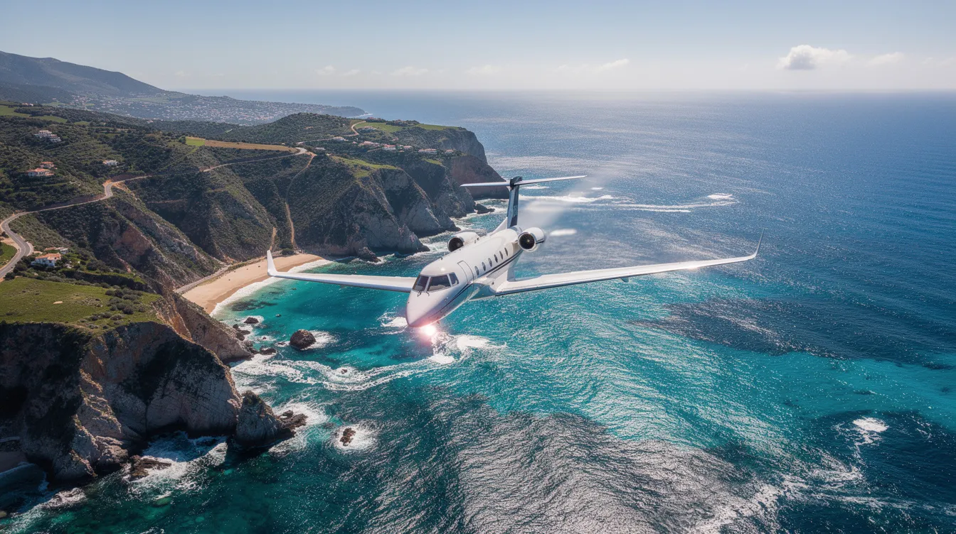 An aerial view showcases a small private jet soaring above a stunning coastline, with vibrant turquoise waters glistening below. This compact light jet exemplifies the beauty of business aviation, ideal for those seeking a reliable aircraft for leisurely flights or short trips.