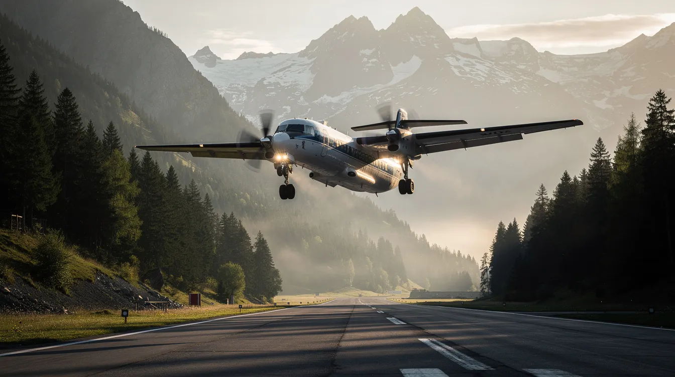 A twin-engine turboprop aircraft is landing on a short mountain runway, surrounded by tall pine trees, showcasing its capability to access remote airports. This fuel-efficient aircraft, ideal for regional flights, demonstrates the versatility of turboprop planes in navigating smaller regional airports.