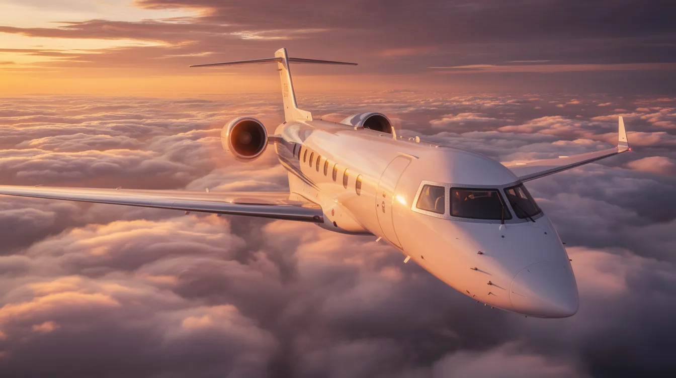 A large-cabin private jet soars above fluffy clouds, illuminated by the warm golden light of a sunset reflecting off its sleek fuselage. This scene captures the essence of private aviation, showcasing the luxury and exclusivity that high net worth individuals experience while flying.