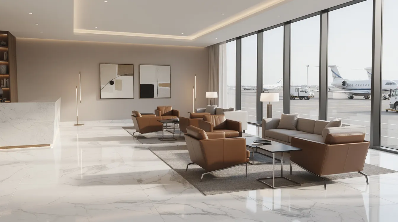 The image depicts the interior of a modern private aviation lounge featuring luxurious marble floors and contemporary furniture, complemented by floor-to-ceiling windows that provide a stunning view of the airport tarmac. This space is designed for high net worth individuals, offering genuine luxury and tailored services that reflect the exclusivity of private aviation in Saudi Arabia.