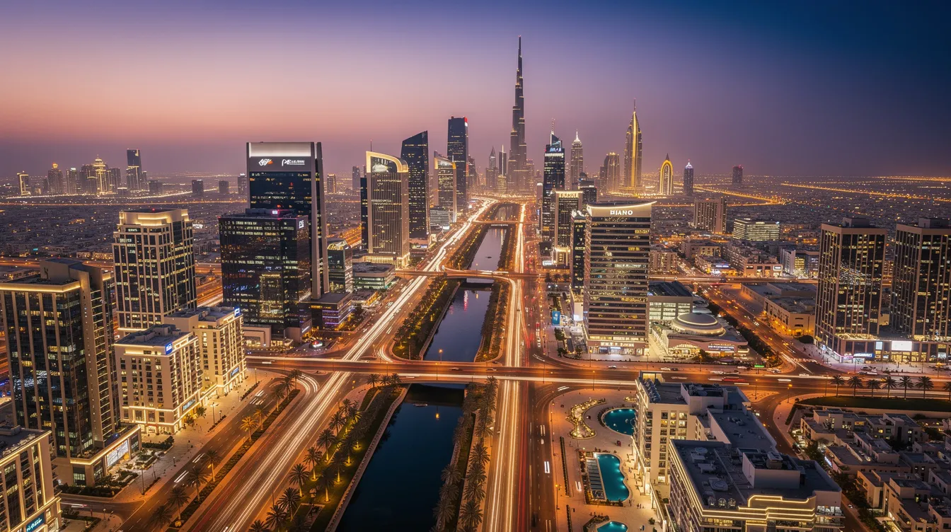 An aerial view captures a modern Middle Eastern city skyline at dusk, showcasing illuminated skyscrapers and wide boulevards. This vibrant scene reflects the luxurious atmosphere of private aviation services in Saudi Arabia, where high-profile individuals and wealthy travelers enjoy genuine luxury and tailored experiences.