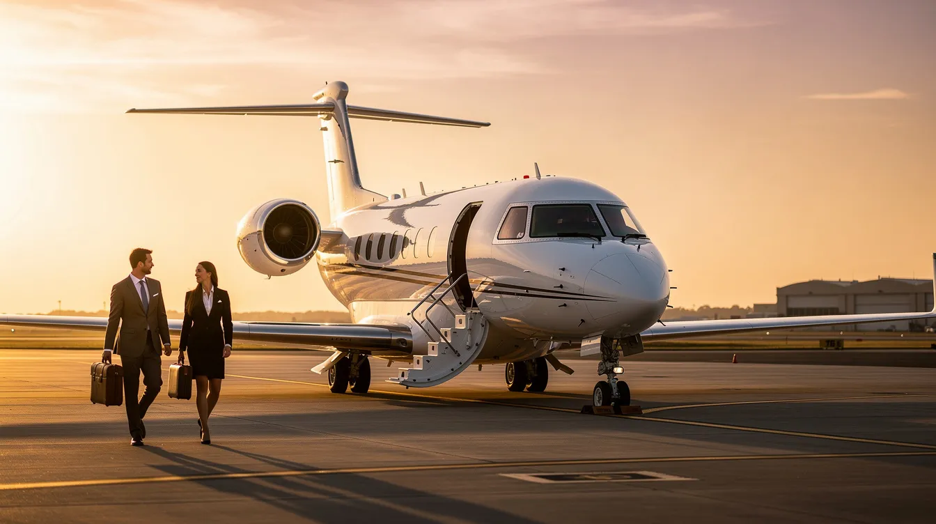 A sleek white private jet is parked on the tarmac during golden hour, with passengers walking towards the airstairs, ready for their private jet travel experience. The scene captures the luxury and convenience of chartering a private jet, highlighting the appeal of private aviation.