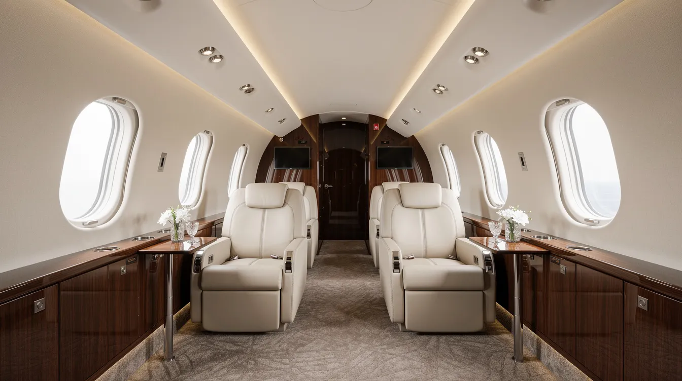 The image shows the interior of a spacious luxury heavy jet cabin, featuring cream leather seats, elegant wood veneer panels, and soft ambient lighting, creating a sophisticated atmosphere for private jet travel. This luxurious setting is ideal for business executives and private jet travelers seeking comfort and style during their flight.