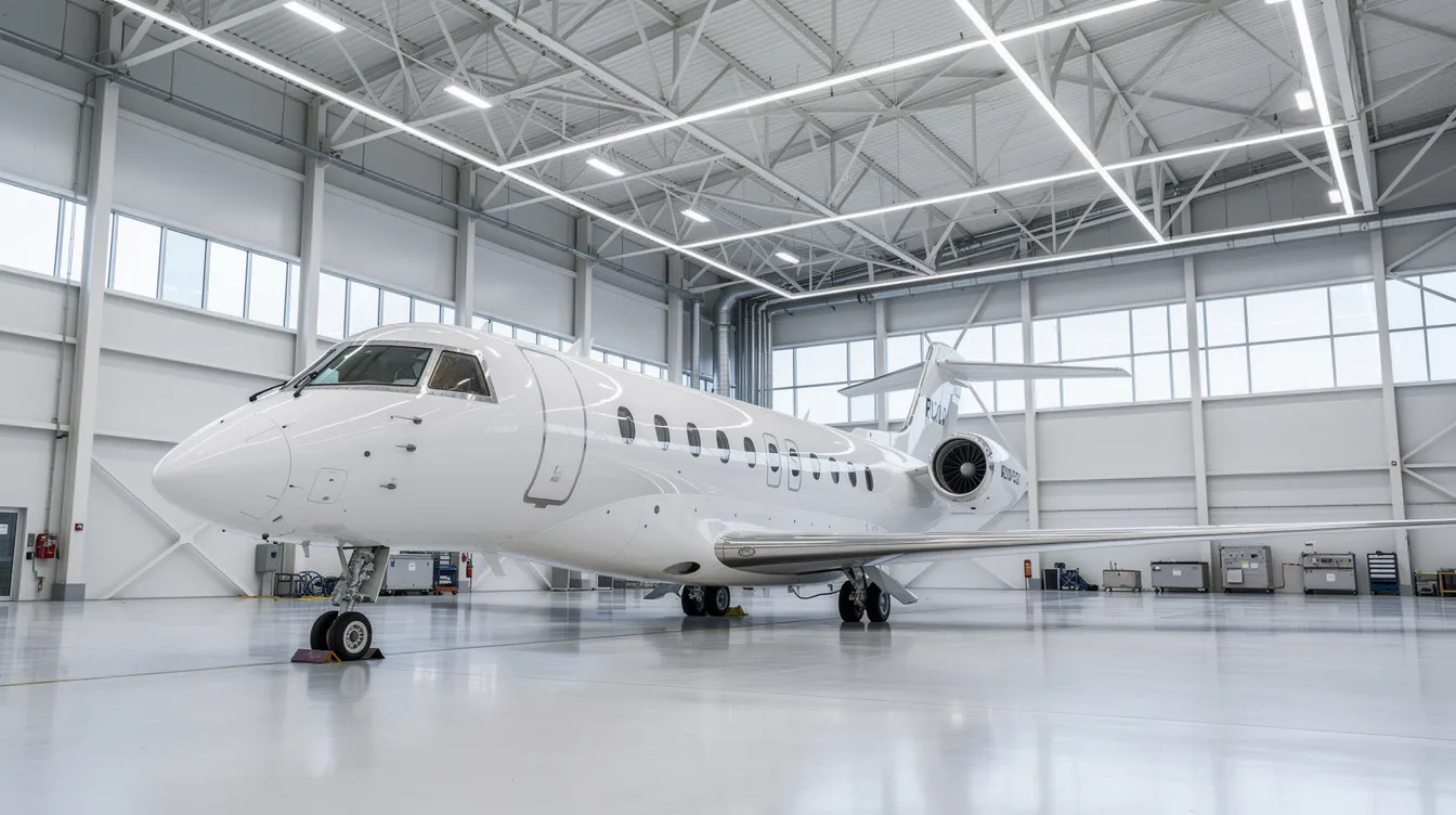 The image shows a spacious modern aircraft hangar illuminated by bright overhead lights, housing a large luxury private jet. This setting highlights the elegance of private jet travel, showcasing the sleek design of the aircraft that represents the pinnacle of private aviation.