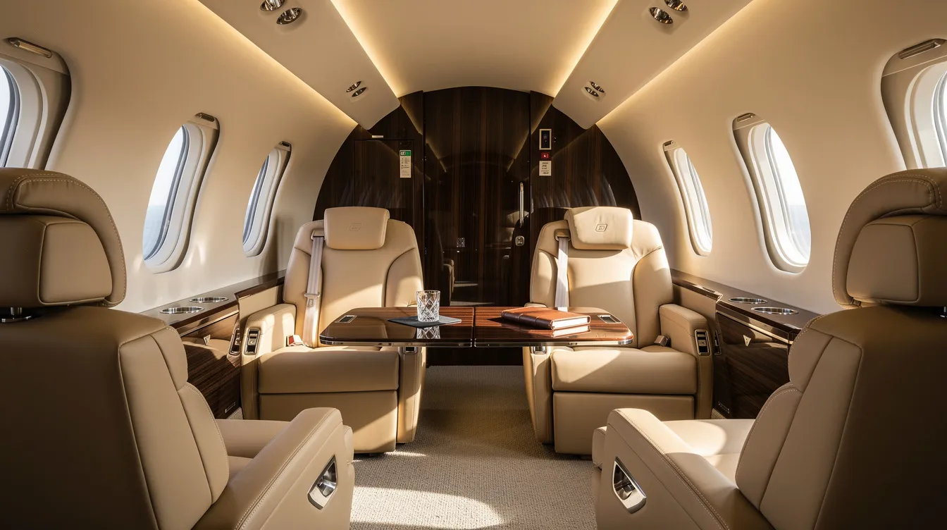 The image showcases the luxurious leather interior of a large-cabin private jet, featuring wide, comfortable seats and elegant wood-paneled walls, embodying the epitome of private aviation for wealthy individuals seeking an exclusive travel experience. This refined setting is designed for private jet owners who value both comfort and style in their business aircraft.