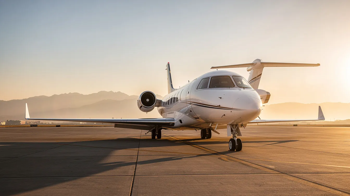 A sleek private jet is parked on a tarmac during golden hour, with stunning mountains in the background, highlighting the luxury of private aviation for wealthy individuals and private jet owners. The scene captures the essence of private travel, showcasing a business aircraft ready for its next flight.