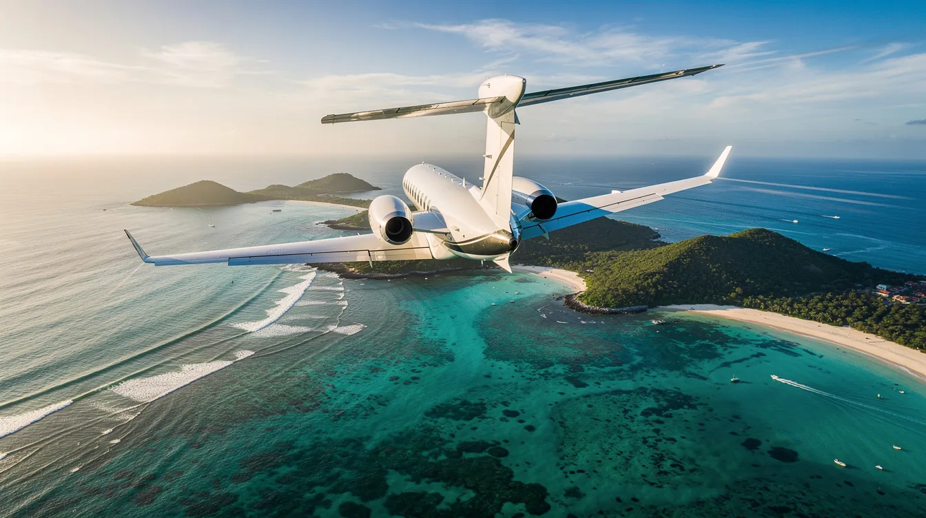 An aerial view captures a sleek private jet soaring above a stunning turquoise coastline dotted with islands, showcasing the allure of private travel for wealthy individuals and aviation enthusiasts. This scene exemplifies the luxury and freedom associated with private jets, often favored by private jet owners for their business and leisure flights.