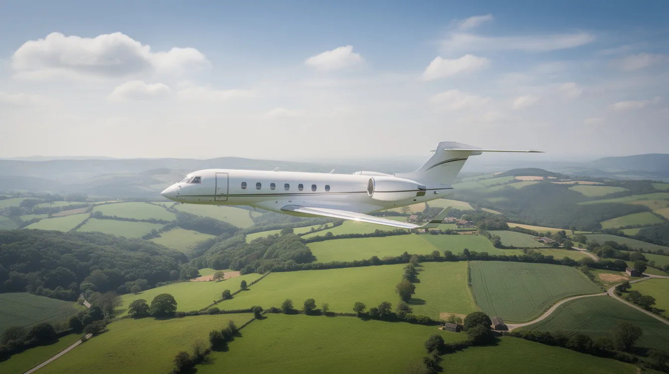 A sleek modern private jet soars above a vibrant green countryside, showcasing rolling hills under a clear blue sky, symbolizing the luxury and freedom of private jet travel. This image highlights the elegance of private aviation, perfect for those considering private flight options and charter services.