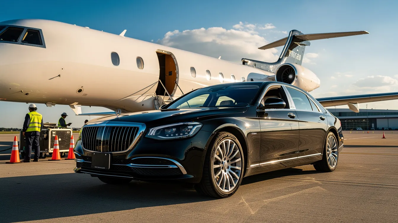 A polished black luxury sedan is parked next to a private jet on a sunlit tarmac, with ground crew members in the background, highlighting the elegance of private jet travel and seamless ground transportation services. The scene captures the essence of private aviation and the convenience of chartering flights for personalized experiences.