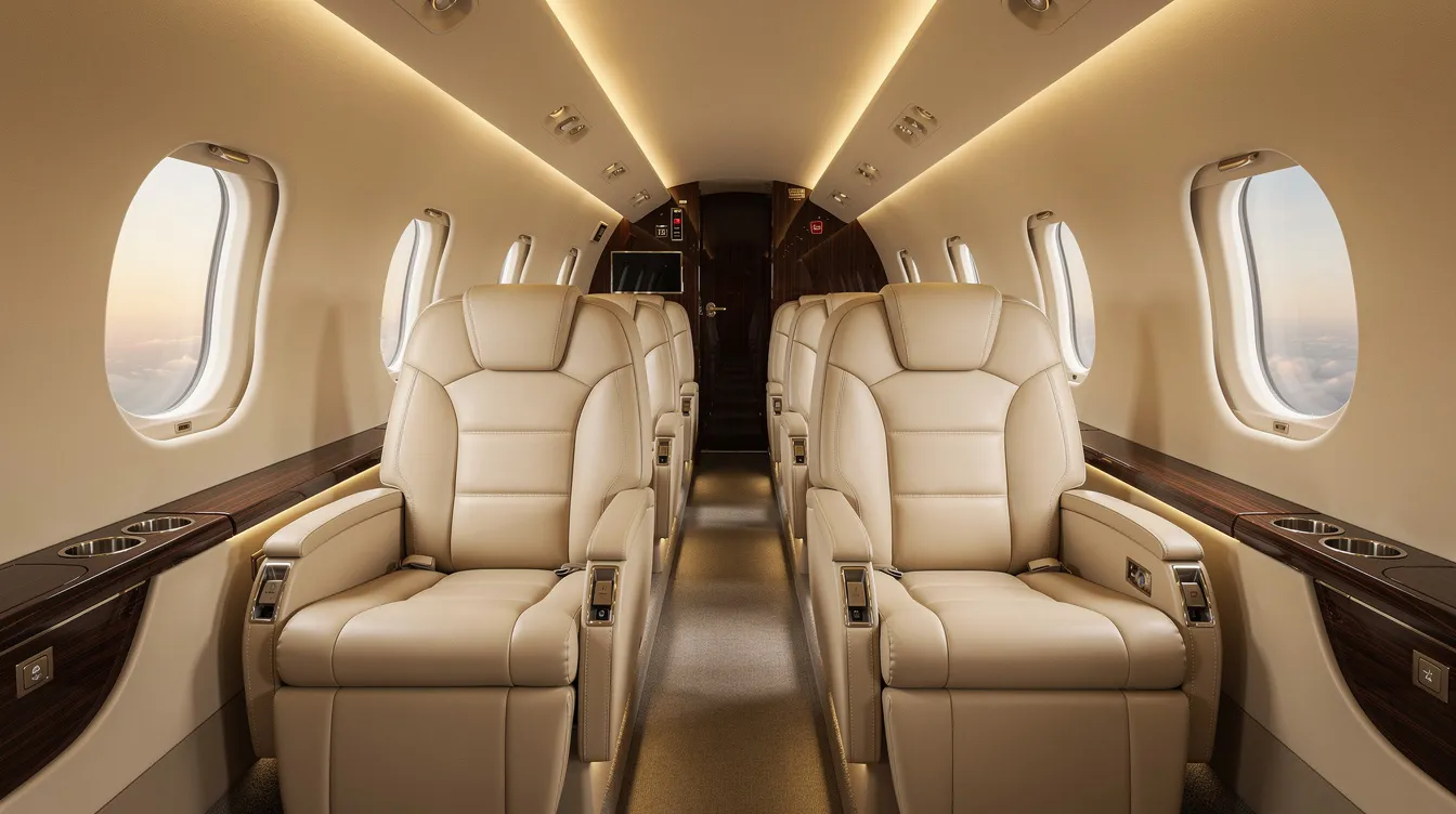 The image showcases a luxurious private jet cabin featuring cream leather seats, warm ambient lighting, and polished wood accents, creating an elegant atmosphere for private jet travel. This modern interior is designed for comfort and sophistication, ideal for those looking to book a private flight.