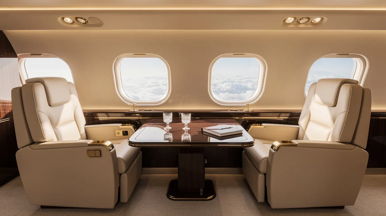 The image features a luxurious private jet cabin interior, showcasing cream leather seats, expansive windows, and soft ambient lighting, ideal for passenger comfort in a Bombardier Global 8000. This elegant space is designed for business aviation, providing a sophisticated atmosphere for travelers.