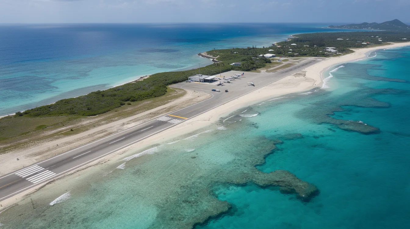 An aerial view captures a small coastal airport featuring a short paved runway, surrounded by stunning turquoise waters. This scene highlights the convenience and accessibility of smaller airports, ideal for private aviation and turboprop aircraft, catering to discerning travelers seeking a unique flying experience.