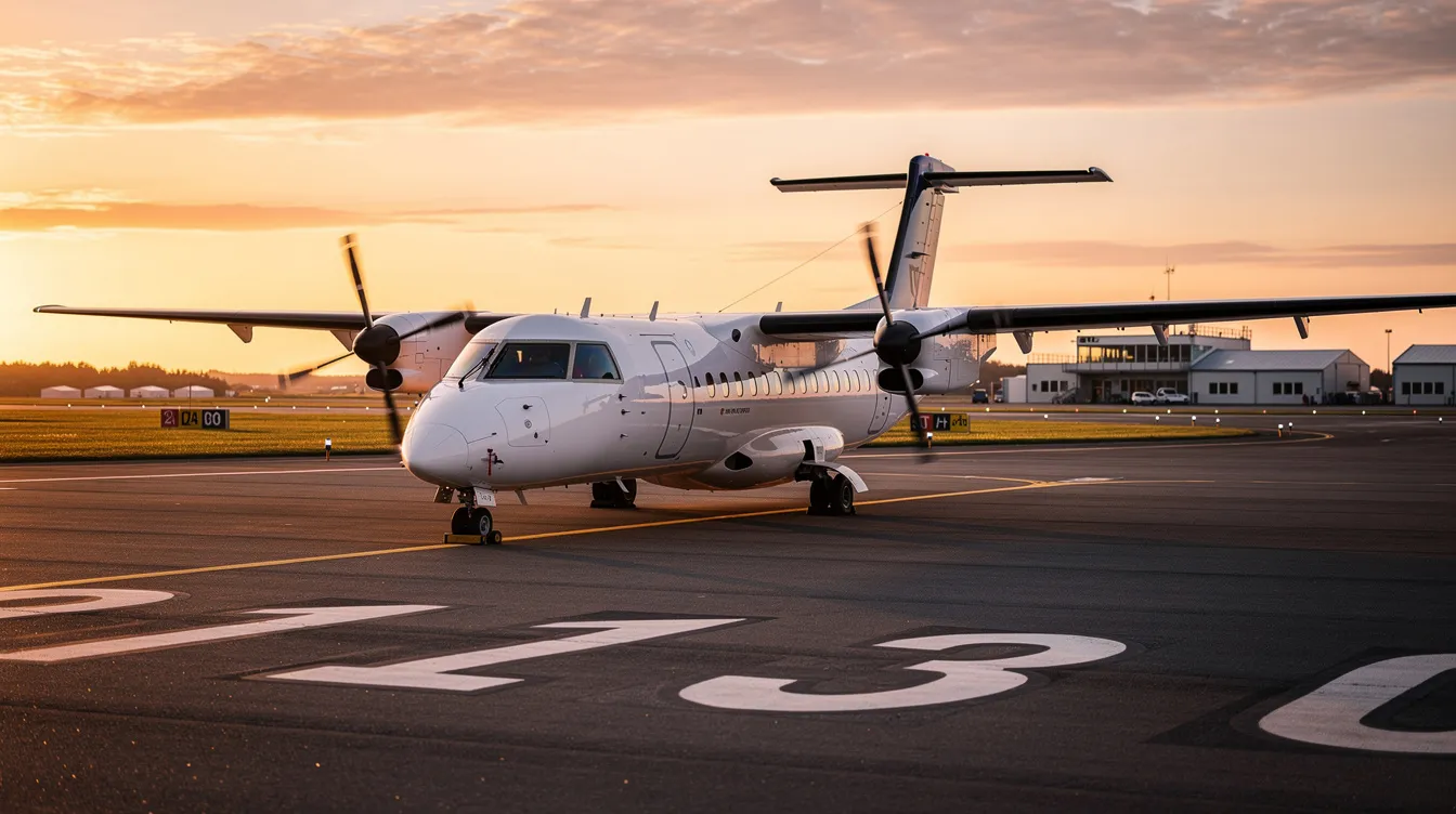 A modern turboprop aircraft is parked on a small regional airport runway at sunset, showcasing its aerodynamic design and retractable landing gear. This high-performance aircraft, known for its exceptional fuel efficiency and reliable performance, is ideal for both family trips and business travel.