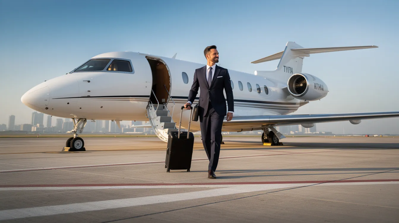 A confident business traveler strides toward a sleek, high-performance single engine aircraft on a modern tarmac, ready for efficient travel. The aircraft, known for its exceptional fuel efficiency and advanced avionics, promises reliable performance and speed, making it ideal for business trips and cross-country flying.